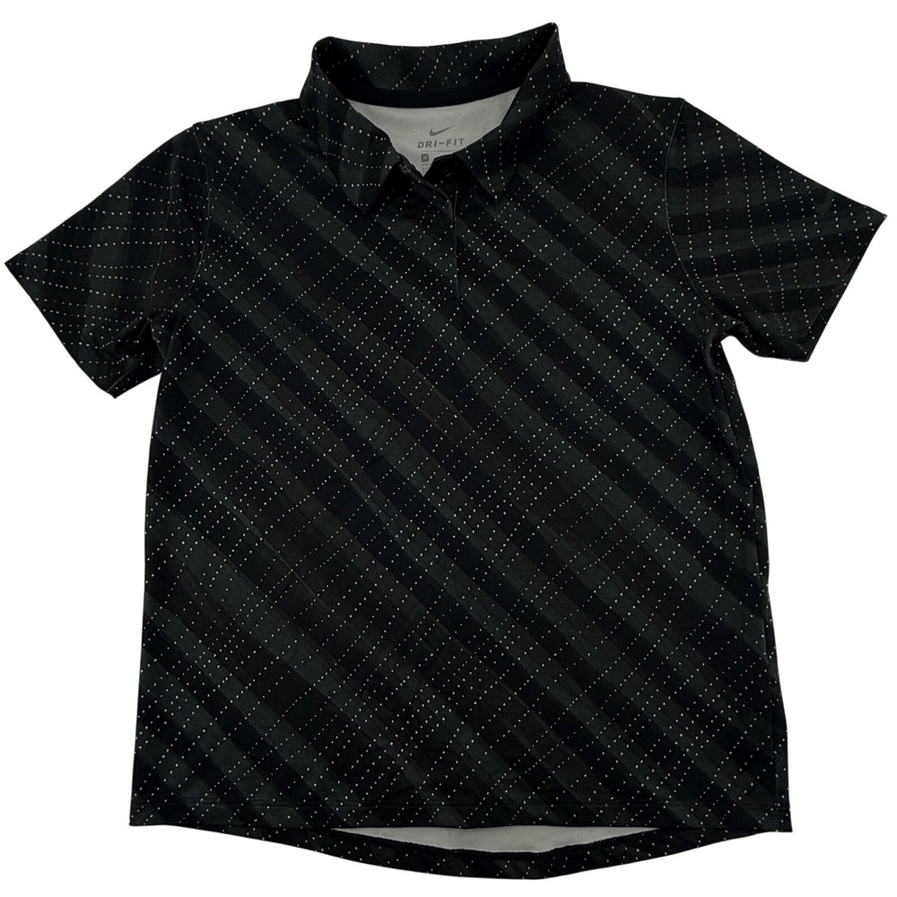Nike Dri-FIT Polo Girls Size Medium Black Gray Plaid Golf Polo Short Sleeve